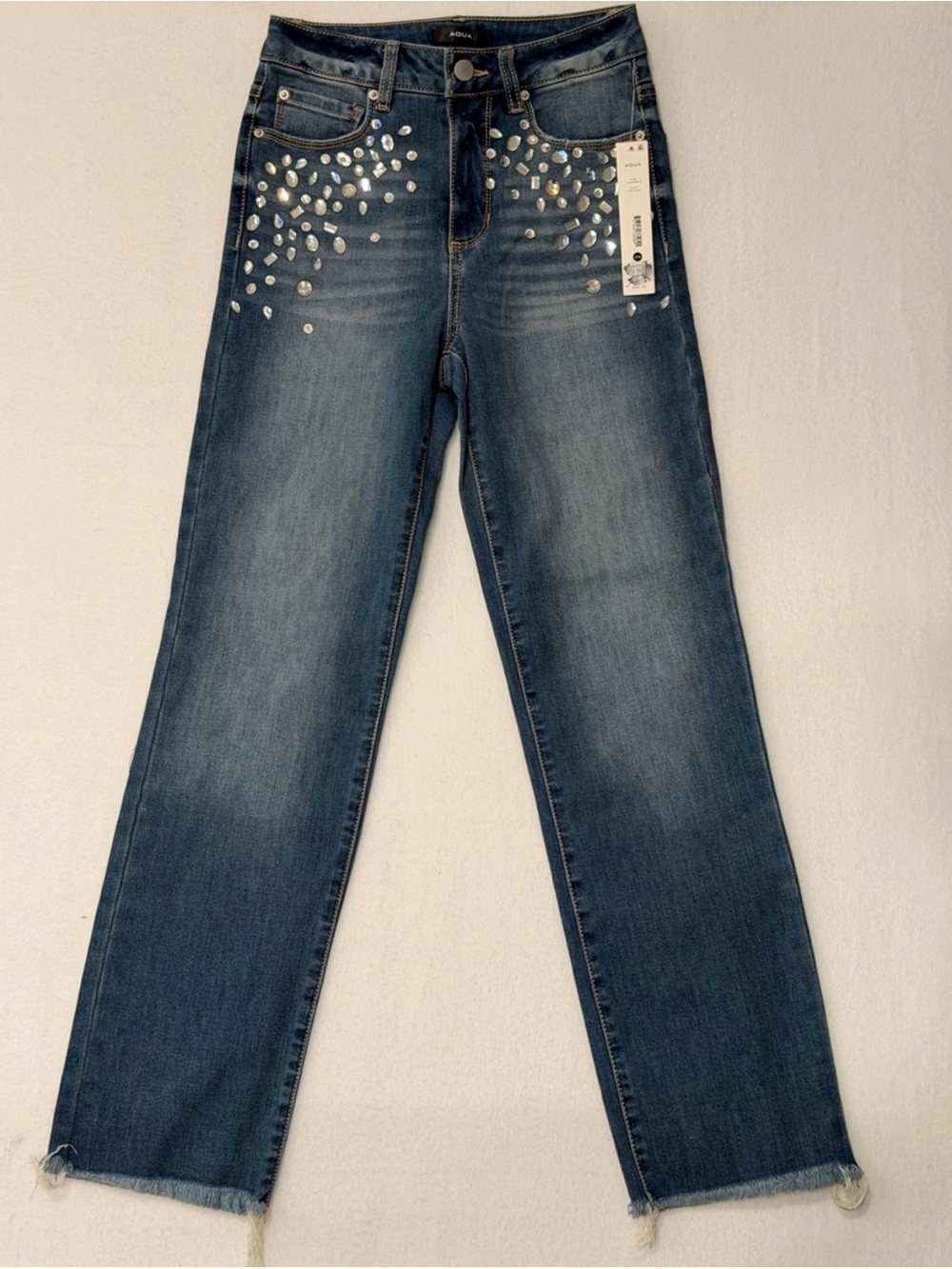 Aqua Dark Blue Straight-Leg Jeans with Front Crystal Accents
